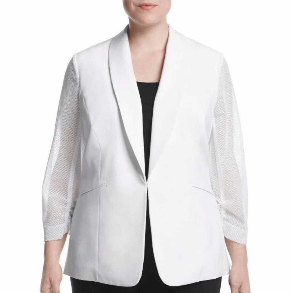 Nine West White Blazer with 3/4 Length Mesh Rouched Sleeves NWOT